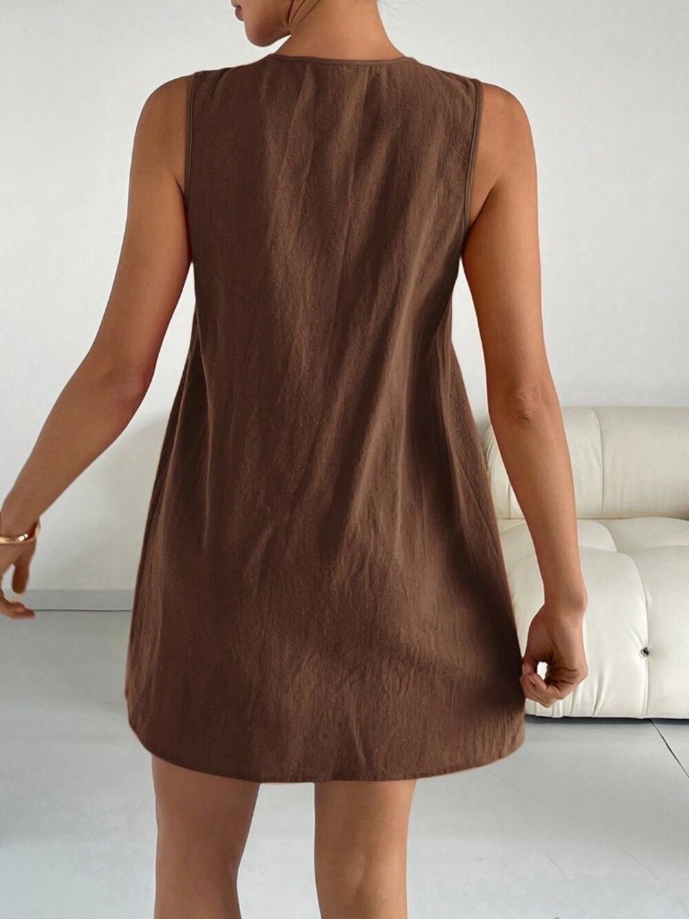 Coffee Brown Casual Women's Pleated Neck Elegant Sleeveless Mini Dress - Picture 2 of 5